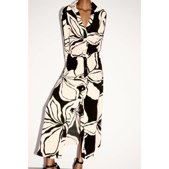 ZARA Floral Print Viscose Midi Shirt Dress New - Picture 7 of 11